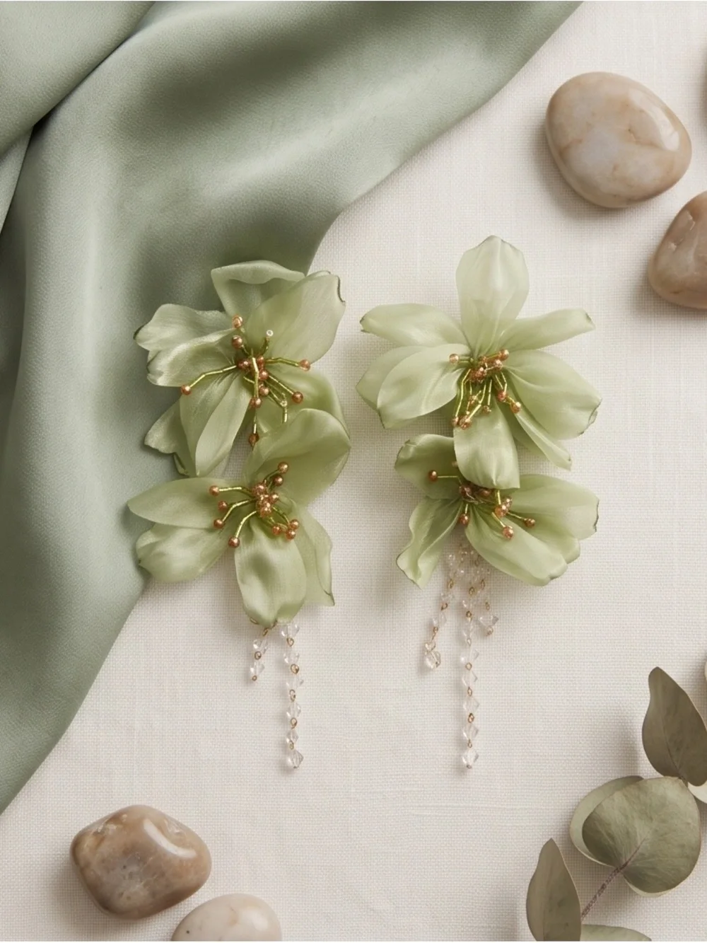 Sage Floral Drop Earrings with Gold Bead Accents